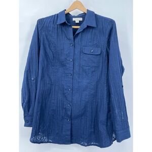 Coldwater Creek Womens Navy Blue Textured Pintuck Roll Tab Button Up Shirt L 14